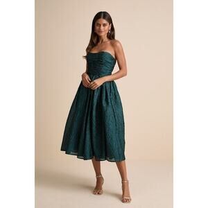 Lulus Analeia Dark Teal Jacquard Lace-up Strapless Midi Dress Green - SizeM - DC